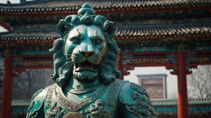 A fierce armored lion statue stands proudly before a grand building