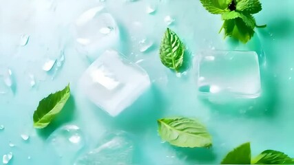 Ice cubes with mint green accents and refreshing water droplets create a cool and crisp summer atmosphere, perfect for hot days, summer refreshment, cooling drink