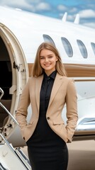 A friendly flight attendant stands at the entrance of a luxury private jet, ready to greet passengers. Her professional attire enhances the welcoming atmosphere on this beautiful day