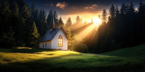 Fototapeta premium A serene landscape featuring a quaint house illuminated by sunrays, surrounded by lush trees and a vibrant green meadow.