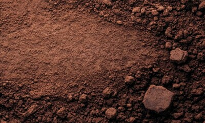A close-up view of fine, brown soil scattered unevenly across a flat surface, with small clumps and a rough texture. The earthy tones dominate the frame, giving a natural, organic feel. Generative AI