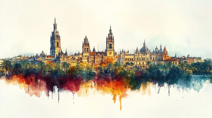 Fototapeta premium Seville, Spain, color pen pencil hand-drawn effect drawing illustration for travel poster, card, wallpaper, backdrop or banner. Modern, clear, artistic and simple