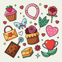 Watercolor valentine's day element collection , Handdrawn Love Elements for Valentines Day , Cartoon Hand Drawn Doodles Happy Valentines Day with Symbol and Items Theme Form Heart