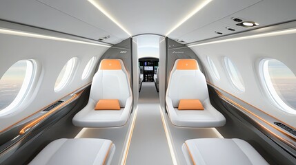 Fototapeta premium The interior of a private jet offers spacious seating in orange and white, enhanced by large windows that fill the area with natural light and comfort for travelers