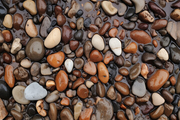 Naklejka premium Processed collage of wet pebble stones on asphalt texture. Background for banner, backdrop