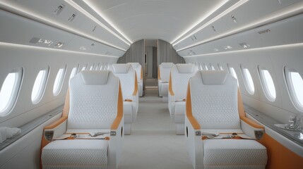 Obraz premium The interior of a private jet offers spacious seating in orange and white, enhanced by large windows that fill the area with natural light and comfort for travelers