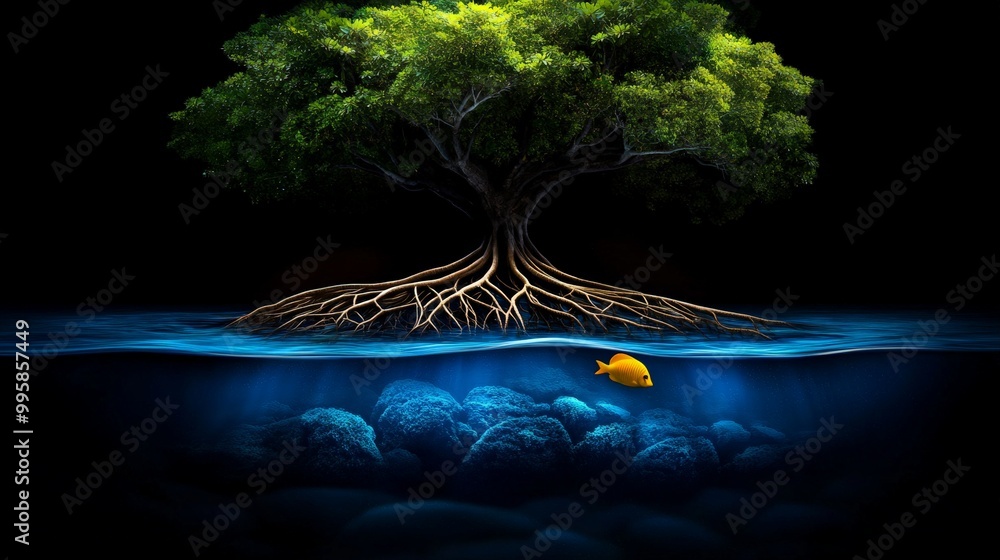 Poster tree of life underwater: a surreal and captivating image of a majestic tree with its roots submerged