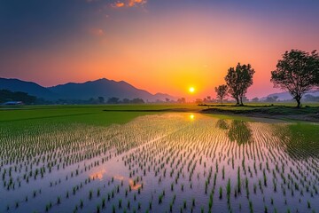 Serene Paddy Field at Dusk with Water Reflecting the Setting Sun's Colors