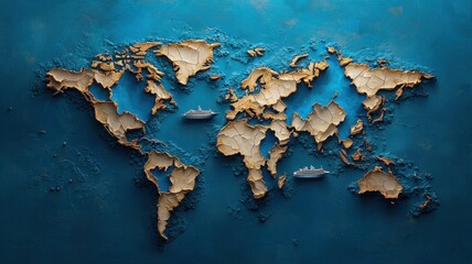 Chaos and Exploration - Watercolor World Map with Cracks Dividing Continents and Ships Navigating through Barriers