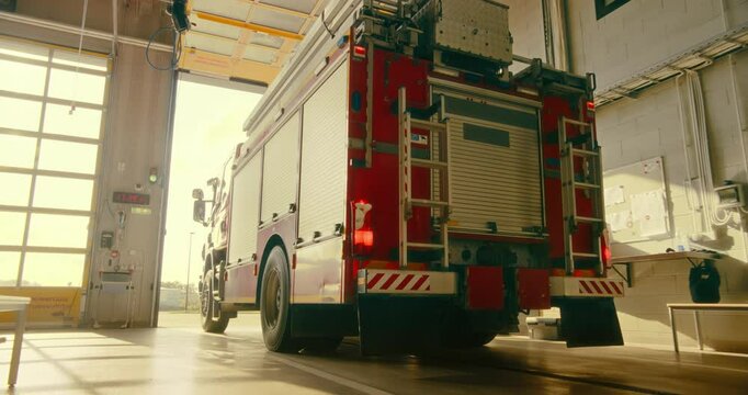 Fire Truck Exits the Fire Department, Highlighting the Urgency and Readiness of Firefighters Responding to an Emergency Call. Team Drive Off to Handle a Critical Situation. Warm Color Grade