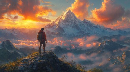 Fototapeta premium A hiker gazes at a majestic mountain during a vibrant sunset.