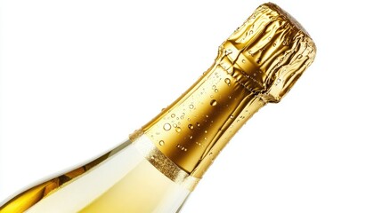 A bottle of sparkling wine with a golden foil top, placed against a white background, ideal for celebration themes.