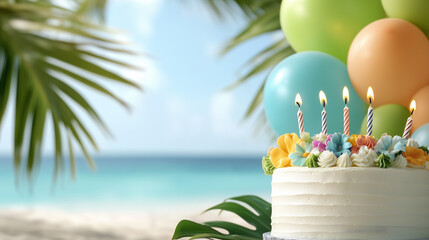 Tropical Themed Birthday Party with Cake and Balloons