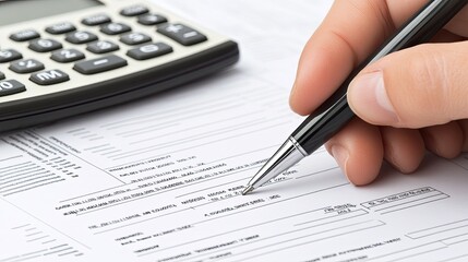 A hand grips a pen while reviewing financial documents and using a calculator, illustrating the critical nature of precise record-keeping in effective financial planning