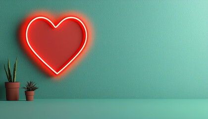 A vibrant neon heart light shines against a teal wall, complemented by potted plants, adding warmth and charm to any space, symbolizing emotional wellbeing and care