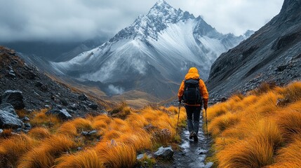 Hiker traversing a scenic mountain trail amidst vibrant autumn foliage.