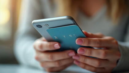 Close up of woman hold bank credit card shopping online using mobile phone, buying goods or ordering online, entering bank accounts and details in online banking offer. 