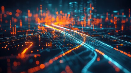 Fototapeta premium A digital map with glowing data points, illustrating optimized delivery routes and logistics in a double exposure style