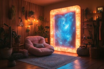 bohemianchic living room with a floating chair bioluminescent plants and a shimmering portallike frame displaying an everchanging cosmic scene