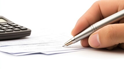 A hand grips a pen while reviewing financial documents and using a calculator, illustrating the critical nature of precise record-keeping in effective financial planning
