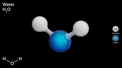 water molecule H2O. Water appears as a clear, non toxic liquid which forms the world's streams, lakes, oceans and rain, and is the major constituent of the fluids of organisms. 3d illustration