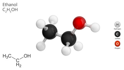 Animation of an (alcohol) ethanol molecule with 2d structure and 3d model. C2H5OH Ethanol is a transparent colorless mobile volatile liquid with an alcoholic odor and burning taste. 3d illustration