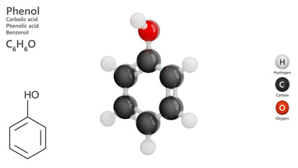 model of Phenol molecule C6H6O. Phenol and its chemical derivatives are essential for production of polycarbonates, epoxies, explosives and numerous pharmaceutical drugs. White back. 3d illustration