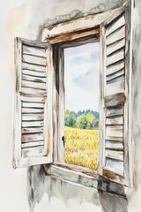 Watercolor Window View of Lush Field and Trees