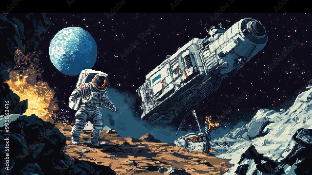 Poster astronaut on a moon-like planet with a spacecraft