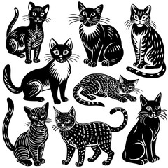 Cute Black Cats Sitting in Different Poses with Unique Patterns , Set of cats Silhouettes on a white background.