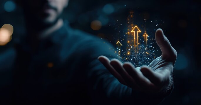 Businessman holding glowing arrows up to a growing growth icon on a dark background