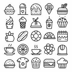 Collection of Food and Restaurant 25 Lineal Icons Pack. Bread, bakery products, pastry and confectionery icon set. Isolated line icons 