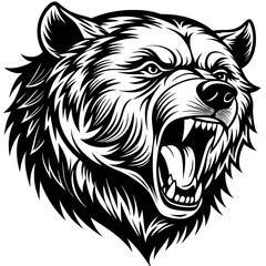head of a ferocious grizzly bear , angry grizzly head roaring, Three roaring lion heads in fierce black and white illustration.