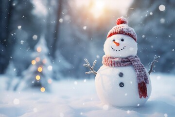 A smiling snowman in a snow-covered winter forest wearing a blue hat and scarf, perfect for winter holiday designs. Generative AI