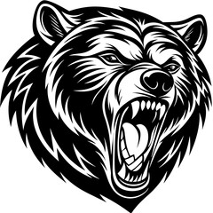 head of a ferocious grizzly bear , angry grizzly head roaring, Three roaring lion heads in fierce black and white illustration.
