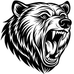 head of a ferocious grizzly bear , angry grizzly head roaring, Three roaring lion heads in fierce black and white illustration.