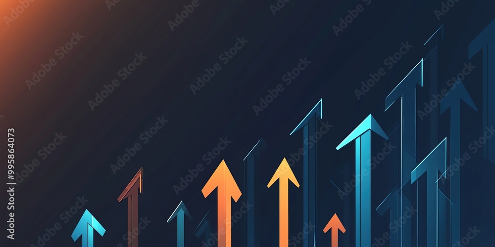 Poster abstract background with blue arrows pointing upwards on a dark gradient