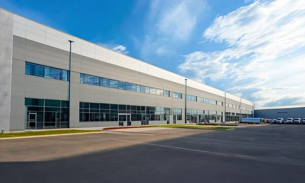 Modern warehouse building rotates showing loading docks for trucks and a large empty parking lot