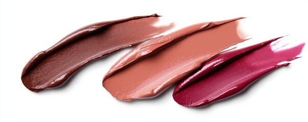 A close-up of creamy neutral brown lipstick swatches with bold berry lip stains beside them, forming a striking color combination.