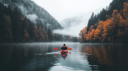 A man in a red kayak is paddling down a river
