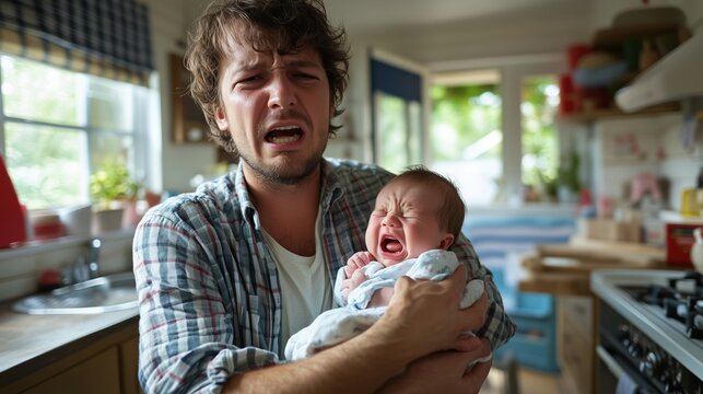A man is holding a crying baby in his arms