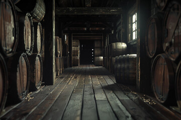 Generative AI depiction of a rustic distillery with aging barrels