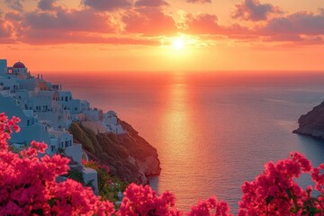 breathtaking santorini sunset whitewashed buildings cascading down cliffs vibrant bougainvillea aegean sea panorama