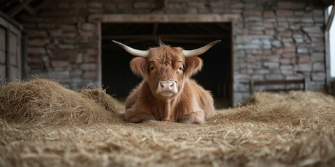 A close-up portrait of a Highland cow in a traditional UK farmyard, its long, shaggy coat and large horns detailed against a backdrop of an old stone barn