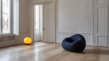 A room with a blue chair and a yellow lamp