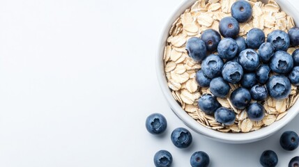 A bowl holds a generous portion of oats, beautifully garnished with fresh blueberries and green leaves, creating a vibrant and healthy presentation