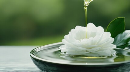 Golden olive oil cascades gracefully onto a pristine white camellia flower, highlighting its delicate petals against a vibrant green background, capturing a moment of natural beauty