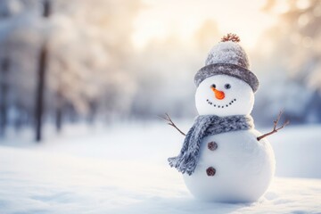A smiling snowman in a snow-covered winter forest wearing a blue hat and scarf, perfect for winter holiday designs. Generative AI