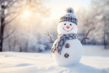 A smiling snowman in a snow-covered winter forest wearing a blue hat and scarf, perfect for winter holiday designs. Generative AI