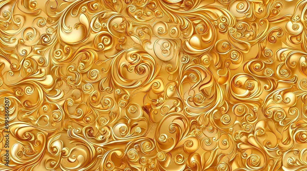Poster the image is a gold background with swirls and curls. the image is an ornate gold background with sw